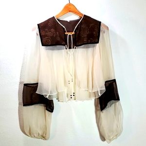 Vintage 70's Sheer Crop Top Lantern Sleeve Boho Cover Up Blouse